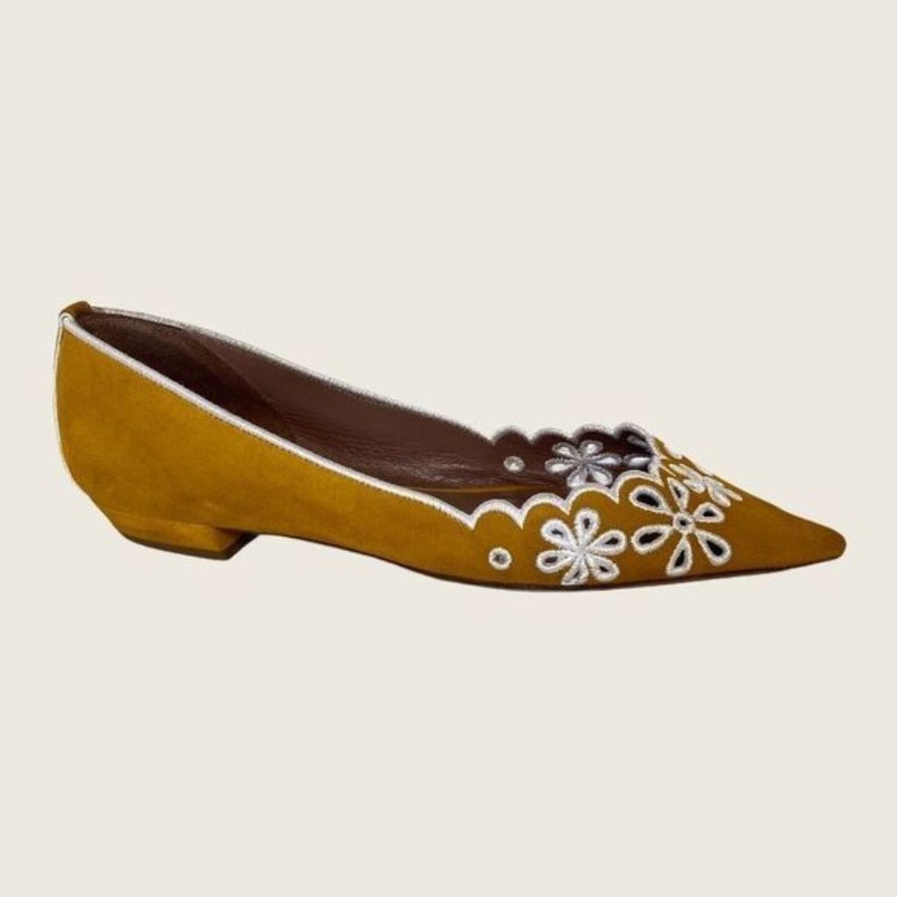 Tabitha Simmons Suede Pointed Toe Embroidered Flat